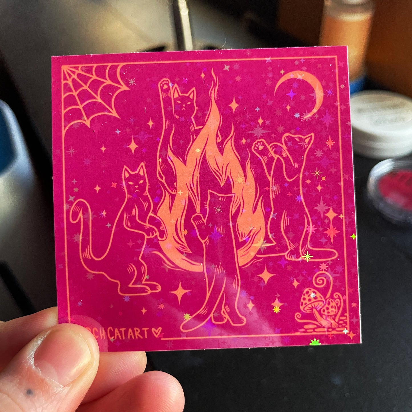 STICKER: Sparkly Holographic Campfire Kitty Seance Sticker