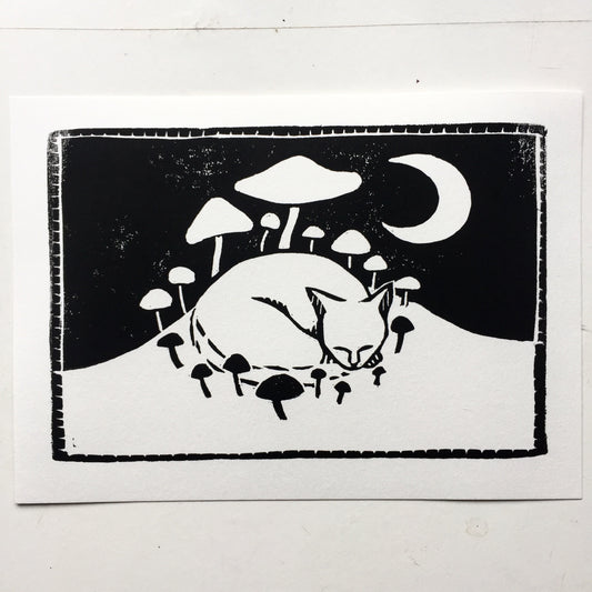 PRINT: Sleepy Mushroom Cat Art Print Linocut Print