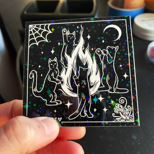 STICKER: Sparkly Holographic Campfire Kitty Seance Sticker