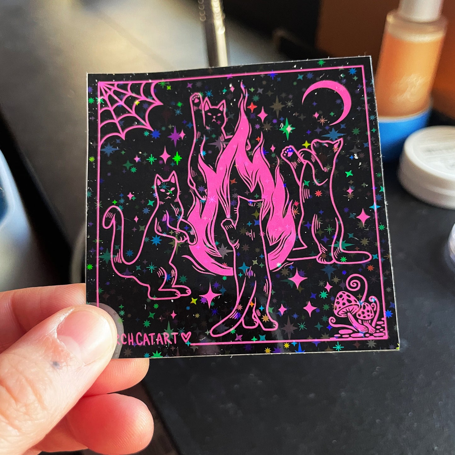 STICKER: Sparkly Holographic Campfire Kitty Seance Sticker