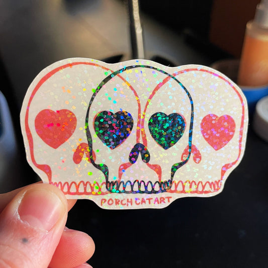 STICKER: Sparkly Holographic Triple Heart Eye Skulls