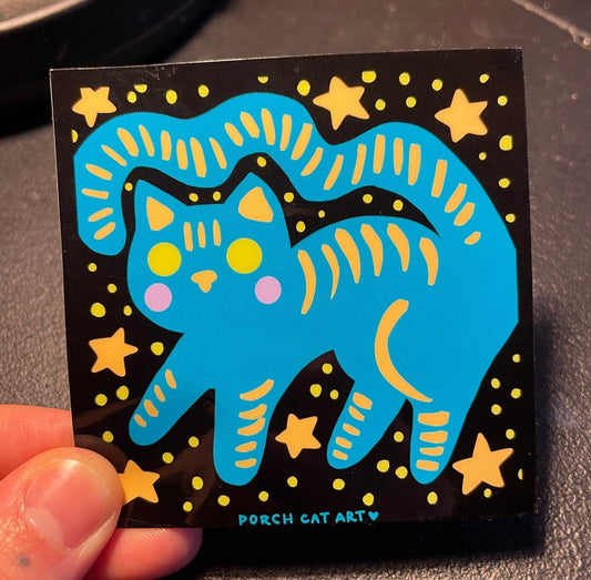 STICKER: Blue and Yellow Striped Star Cat Sticker