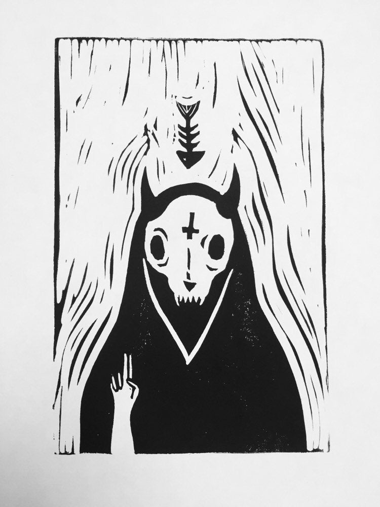 PRINT: Kitty Baphomet Linocut Print