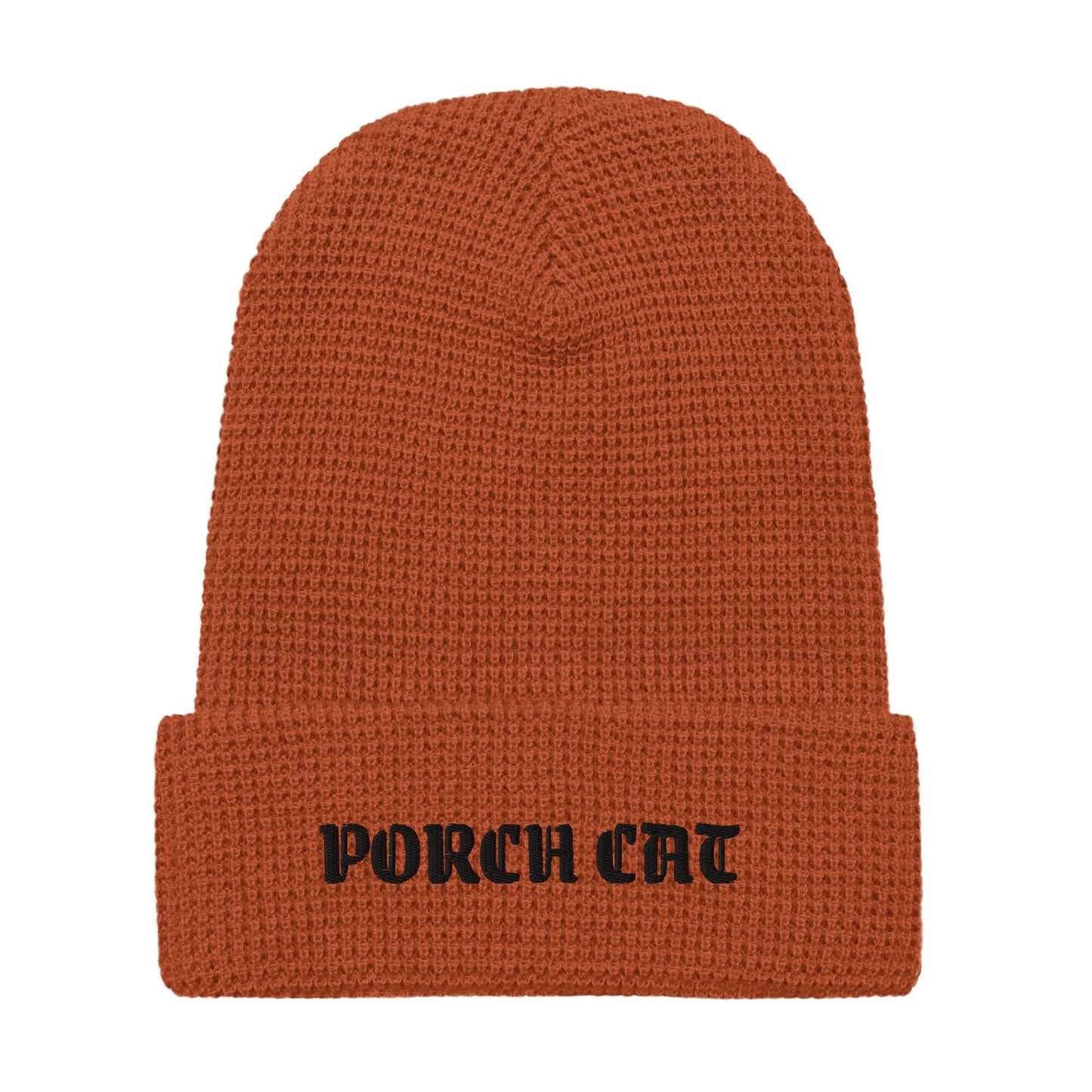 HAT: Porch Cat Gothic Embroidered Text Waffle Beanie