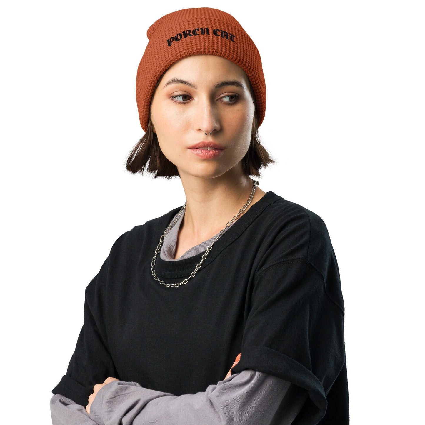 HAT: Porch Cat Gothic Embroidered Text Waffle Beanie