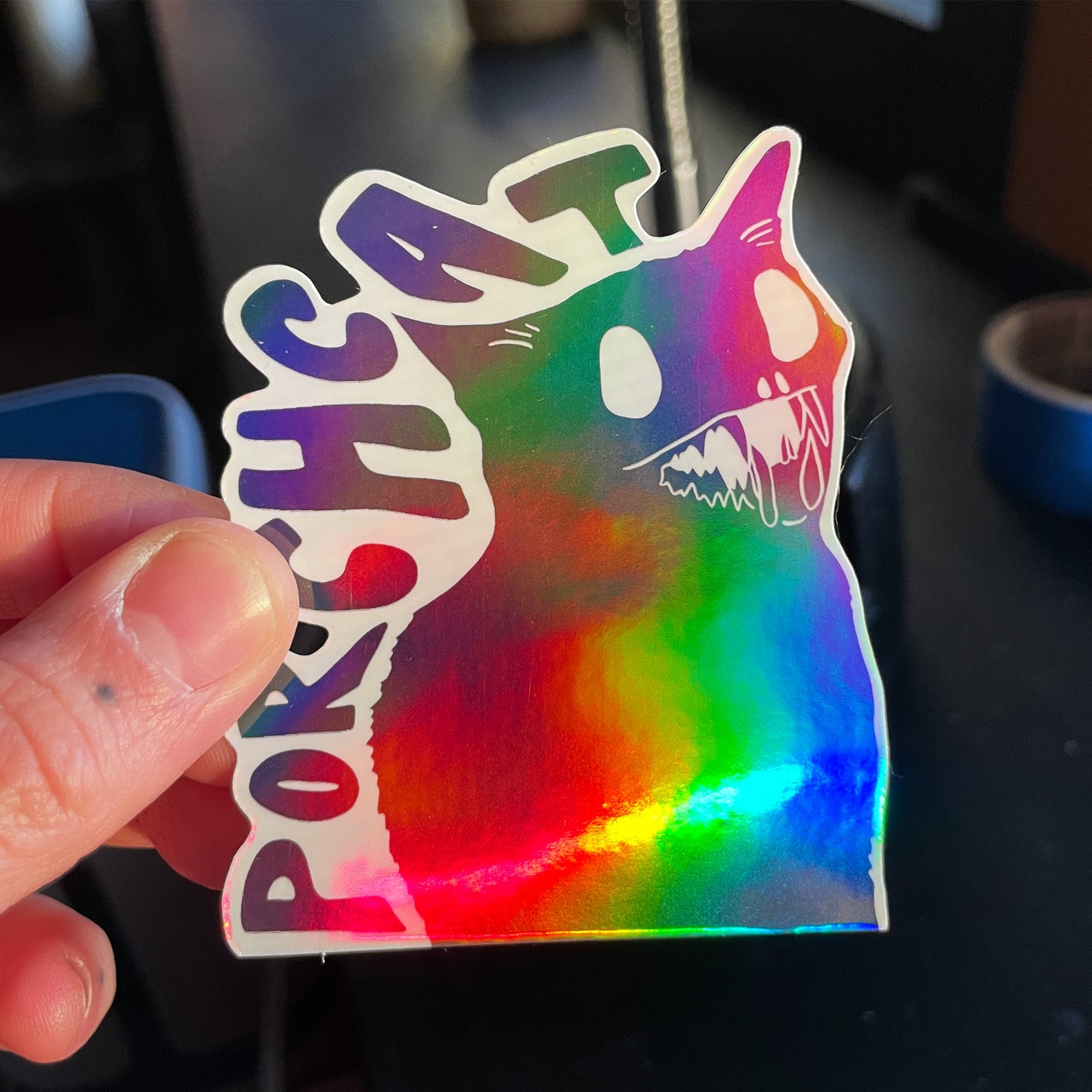 STICKER: Rainbow Holographic Demon Cat Yawn Sticker